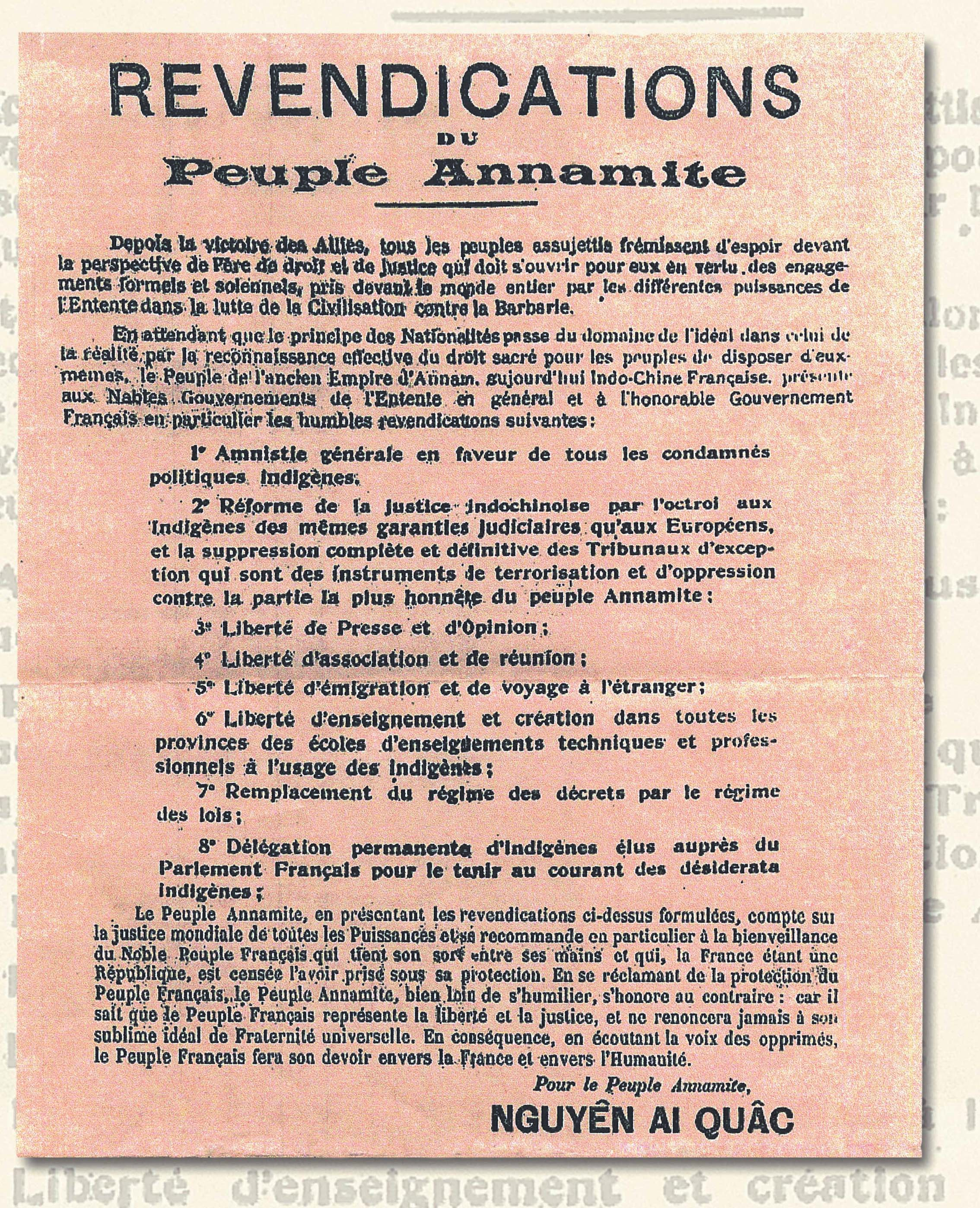 Bản yêu sách Tám điểm của nhân dân Việt Nam do Nguyễn Ái Quốc và nhóm người Việt Nam yêu nước gửi Nghị viện Pháp và các đoàn đại biểu dự Hội nghị Vécxây (6/1919)