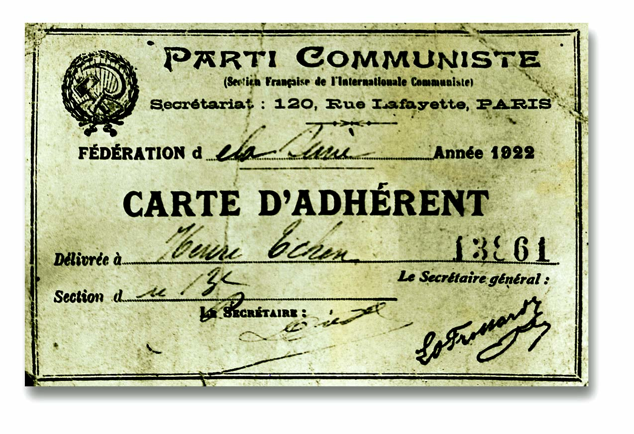 Thẻ đảng viên Đảng Cộng sản Pháp của Nguyễn Ái Quốc với tên Hăngri Trần (Henri Tchen) năm 1922