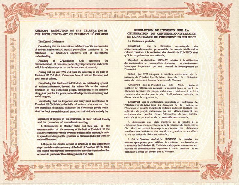 Nghị quyết của Tổ chức Giáo dục, Khoa học và Văn hóa của Liên hợp quốc (UNESCO) năm 1987 về kỷ niệm 100 năm ngày sinh Chủ tịch Hồ Chí Minh (19/5/1890 – 19/5/1990). (Nguồn: Bảo tàng Hồ Chí Minh)